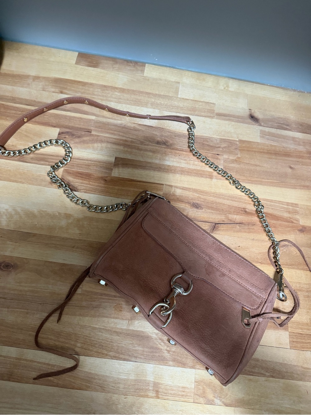 Rebecca Minkoff Suede Tan Crossbody with Gold Chain